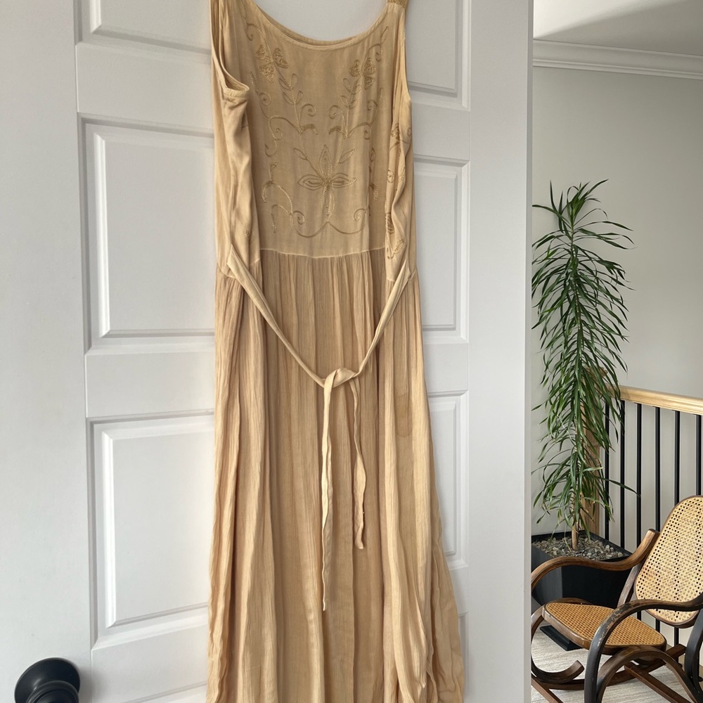 SOLD Vintage Sleeveless Embroidered Tan Dress with Waist Tie